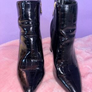 Lulu's Black Patent Ankle Booties with Croc Texture